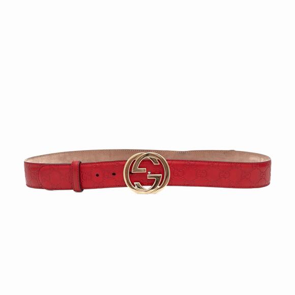 GUCCI Red Leather Signature Monogram Interlocking GG Gold Buckle Belt 100•40 main image 10